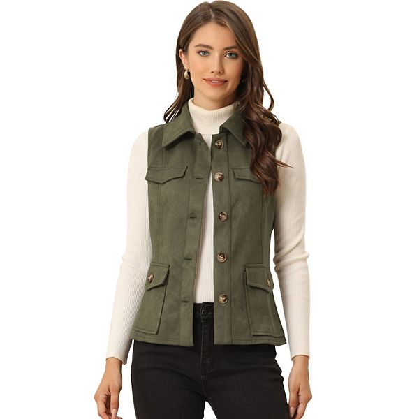 Faux Suede Vest Utility Buttoned Sleeveless Jacket with Cargo Pocket Army Green M