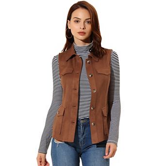 Women's Rustic Sleeveless Jacket Button Up Faux Suede Utility Anorak Cargo Vest