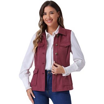 Women's Rustic Sleeveless Jacket Button Up Faux Suede Utility Anorak Cargo Vest