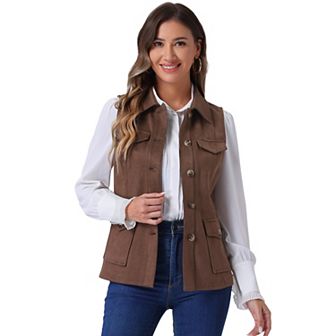 Women's Rustic Sleeveless Jacket Button Up Faux Suede Utility Anorak Cargo Vest
