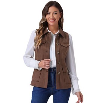 Women's Rustic Sleeveless Jacket Button Up Faux Suede Utility Anorak Cargo Vest