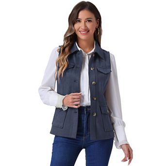 Women's Rustic Sleeveless Jacket Button Up Faux Suede Utility Anorak Cargo Vest