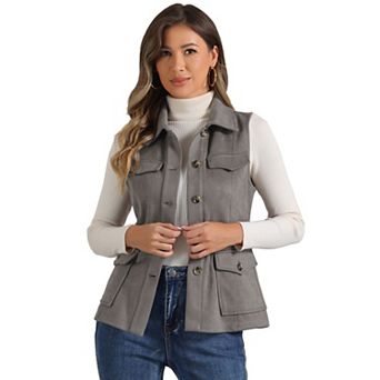 Women's Rustic Sleeveless Jacket Button Up Faux Suede Utility Anorak Cargo Vest
