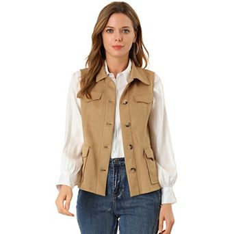Women's Rustic Sleeveless Jacket Button Up Faux Suede Utility Anorak Cargo Vest