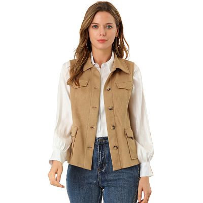 Women's Rustic Sleeveless Jacket Button Up Faux Suede Utility