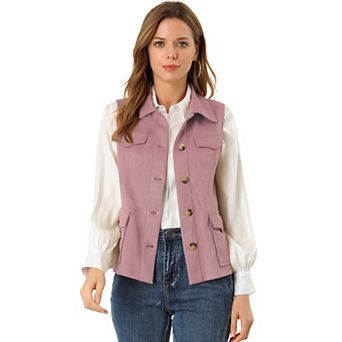Women's Rustic Sleeveless Jacket Button Up Faux Suede Utility Anorak Cargo Vest