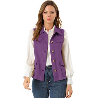 Women's Rustic Sleeveless Jacket Button Up Faux Suede Utility Anorak Cargo Vest