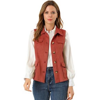 Women's Rustic Sleeveless Jacket Button Up Faux Suede Utility Anorak Cargo Vest