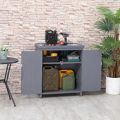 Garden Storage Cabinet Outdoor Tool Shed With Top And Two Shelves, Grey