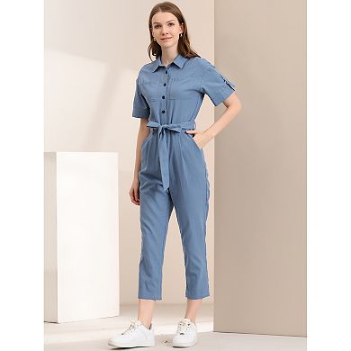 Women's Romper Turndown Collar Button up Tie Waist Cargo Jumpsuit