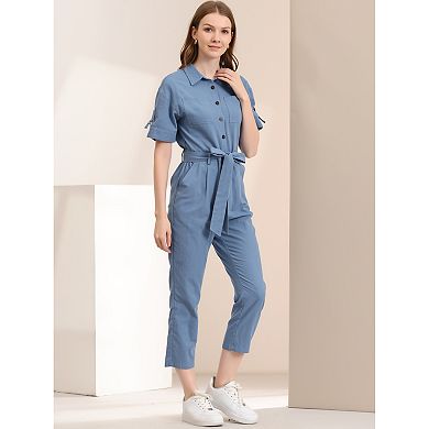Women's Romper Turndown Collar Button up Tie Waist Cargo Jumpsuit