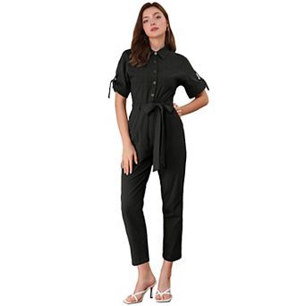 Women's Romper Turndown Collar Button up Tie Waist Cargo Jumpsuit