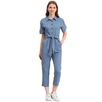 Women's Romper Turndown Collar Button up Tie Waist Cargo Jumpsuit