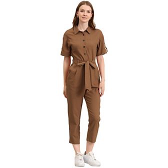 Women's Romper Turndown Collar Button up Tie Waist Cargo Jumpsuit