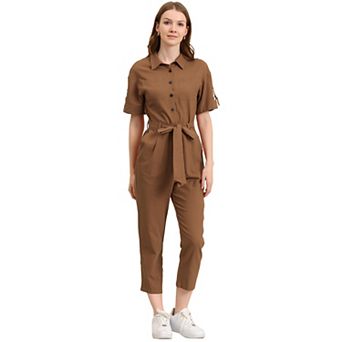 Women's Romper Turndown Collar Button up Tie Waist Cargo Jumpsuit