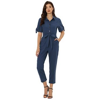 Women's Romper Turndown Collar Button up Tie Waist Cargo Jumpsuit