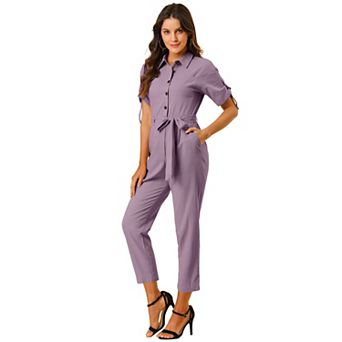 Women's Romper Turndown Collar Button up Tie Waist Cargo Jumpsuit