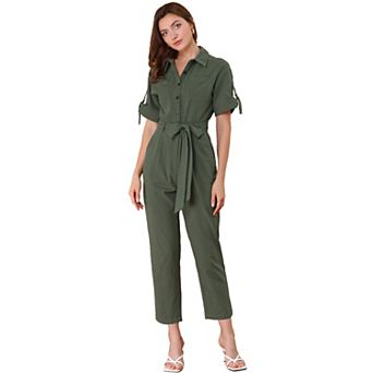 Women's Romper Turndown Collar Button up Tie Waist Cargo Jumpsuit