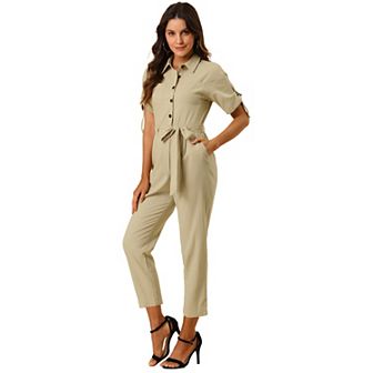 Women's Romper Turndown Collar Button up Tie Waist Cargo Jumpsuit