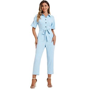Women's Romper Turndown Collar Button up Tie Waist Cargo Jumpsuit