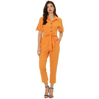 Women's Romper Turndown Collar Button up Tie Waist Cargo Jumpsuit