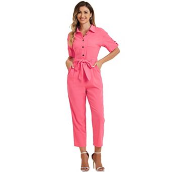 Women's Romper Turndown Collar Button up Tie Waist Cargo Jumpsuit