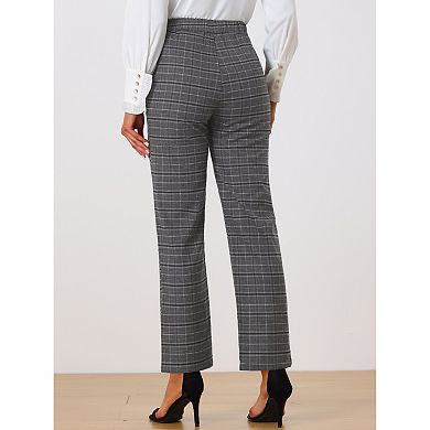Women's Plaid Elastic Waist Button Zipper Straight Leg Long Pants