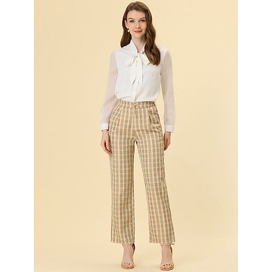 Women's Plaid Elastic Waist Button Zipper Straight Leg Long Pants