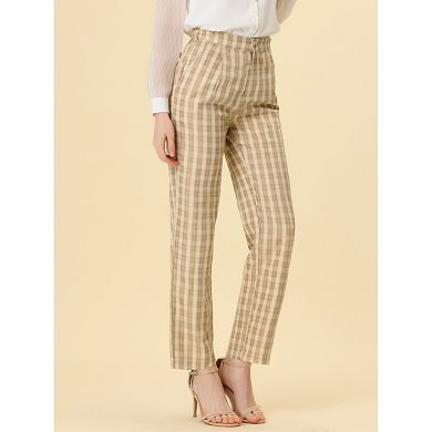 Women's Plaid Elastic Waist Button Zipper Straight Leg Long Pants