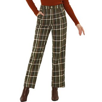 Women's Plaid Elastic Waist Button Zipper Straight Leg Long Pants