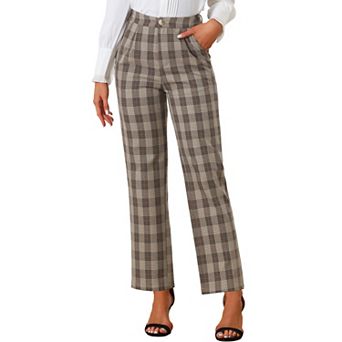 Women's Plaid Elastic Waist Button Zipper Straight Leg Long Pants