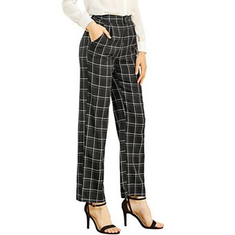 Women's Plaid Elastic Waist Button Zipper Straight Leg Long Pants