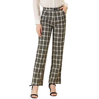 Women's Plaid Elastic Waist Button Zipper Straight Leg Long Pants