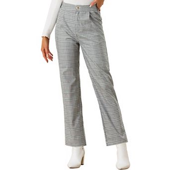 Women's Plaid Elastic Waist Button Zipper Straight Leg Long Pants
