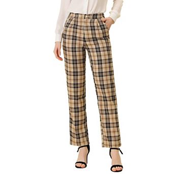 Women's Plaid Elastic Waist Button Zipper Straight Leg Long Pants