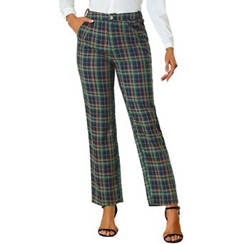 Women's Plaid Elastic Waist Button Zipper Straight Leg Long Pants