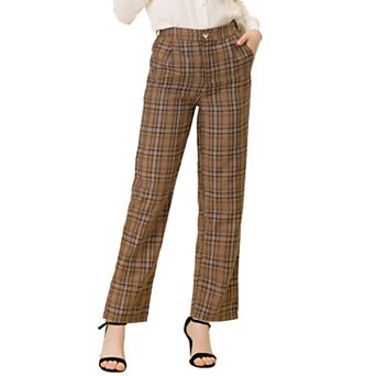 Women's Plaid Elastic Waist Button Zipper Straight Leg Long Pants