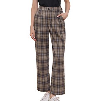Women's Plaid Elastic Waist Button Zipper Straight Leg Long Pants