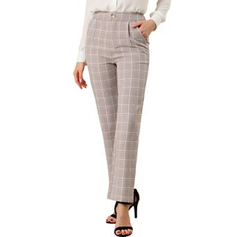 Women's Plaid Elastic Waist Button Zipper Straight Leg Long Pants