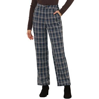 Women's Plaid Elastic Waist Button Zipper Straight Leg Long Pants