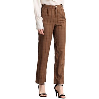 Women's Plaid Elastic Waist Button Zipper Straight Leg Long Pants