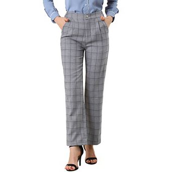 Women's Plaid Elastic Waist Button Zipper Straight Leg Long Pants