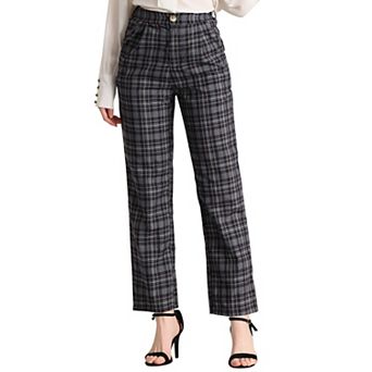 Women's Plaid Elastic Waist Button Zipper Straight Leg Long Pants
