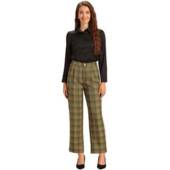 Women's Plaid Elastic Waist Button Zipper Straight Leg Long Pants