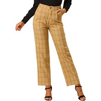 Women's Plaid Elastic Waist Button Zipper Straight Leg Long Pants