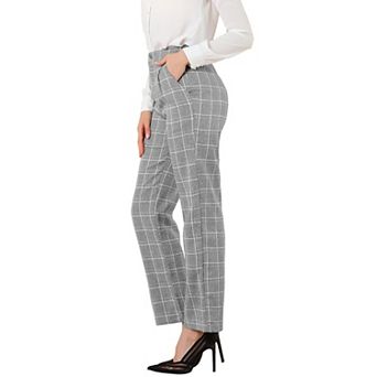 Women's Plaid Elastic Waist Button Zipper Straight Leg Long Pants