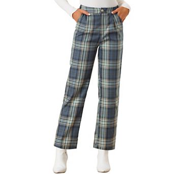 Women's Plaid Elastic Waist Button Zipper Straight Leg Long Pants