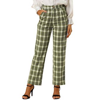 Women's Plaid Elastic Waist Button Zipper Straight Leg Long Pants