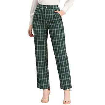 Women's Plaid Elastic Waist Button Zipper Straight Leg Long Pants