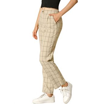 Women's Plaid Elastic Waist Button Zipper Straight Leg Long Pants